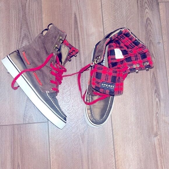 Vintage Sperry plaid tartan brown & red high top sneakers - Picture 1 of 5